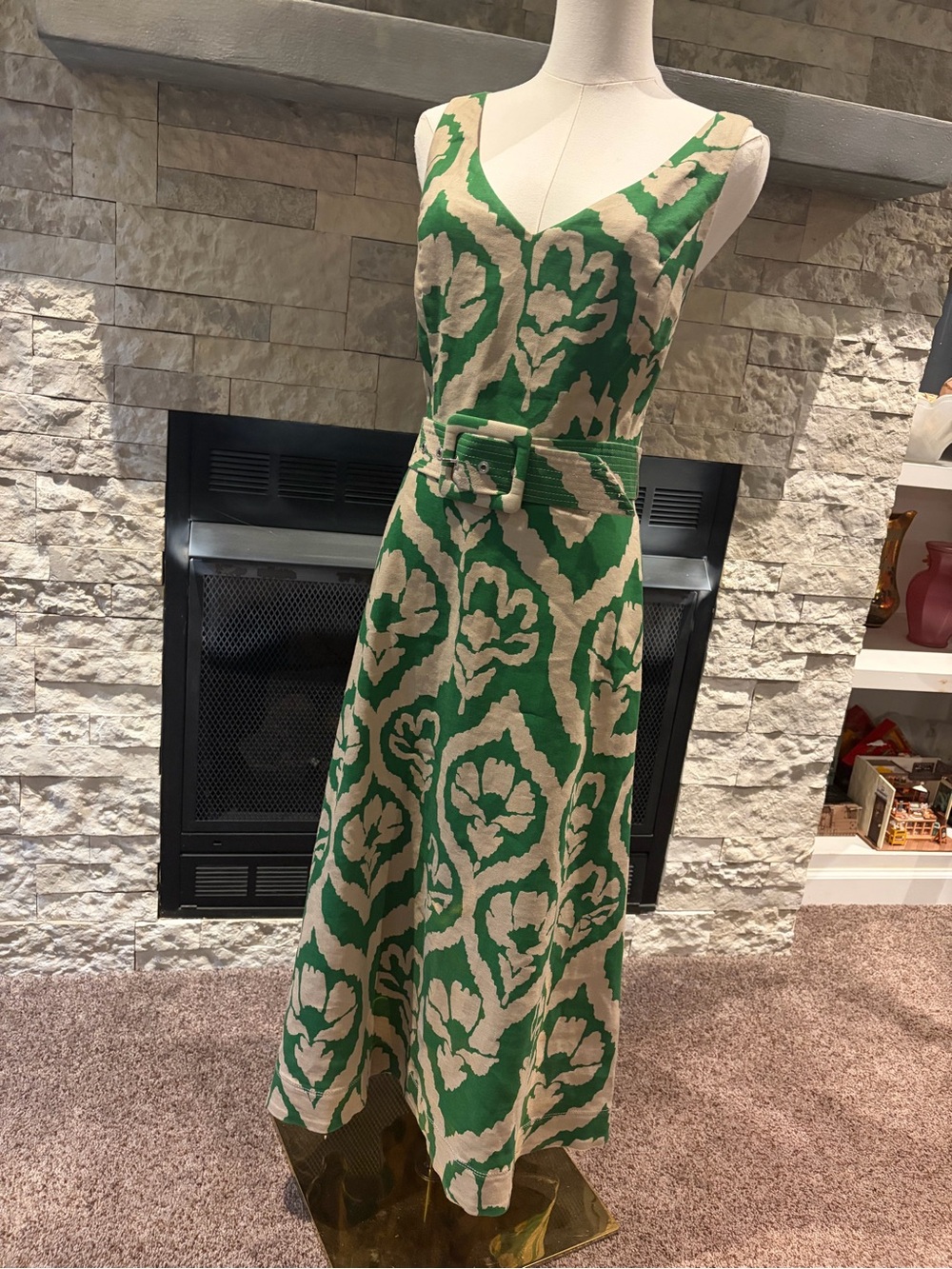 White House Black Market Green and Cream Floral Midi Dress with Belt